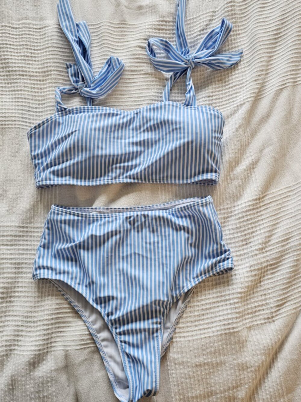 New Striped Tie Shoulder High Waist Two Piece Bikini - Picture 7 of 13